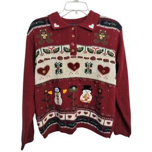 3164)Vtg Karen Scott Burgundy Embroidery Snowman Ribbon Knit Christmas Sweater M